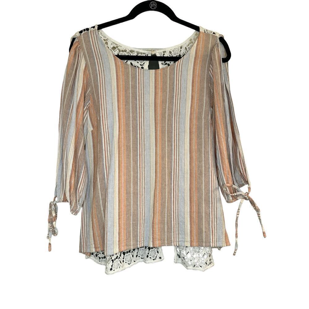 Line & Dot Women's 3/4 Tie Sleeve Linen Striped Crochet Button Back Top Size L